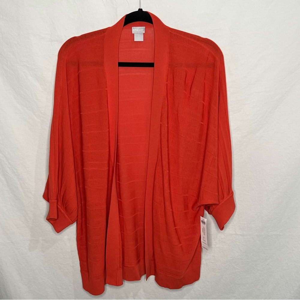 Chico's Open Cardigan Sweater Sz 2 Large Orange Dolman Sleeve Faux Pleat NWT $99